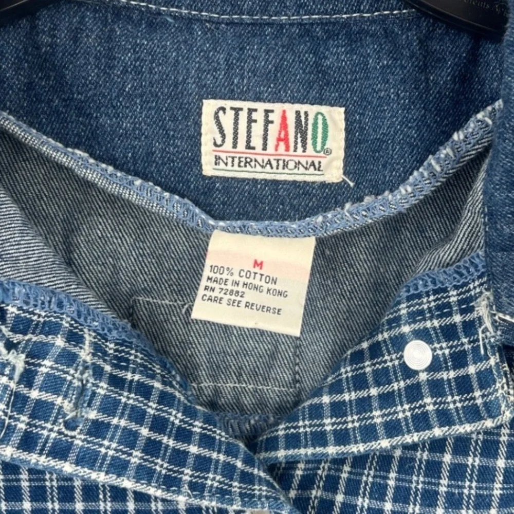 Stefano International Vintage Denim Vest Size M Blue Plaid Yoke 90s Utility‎
